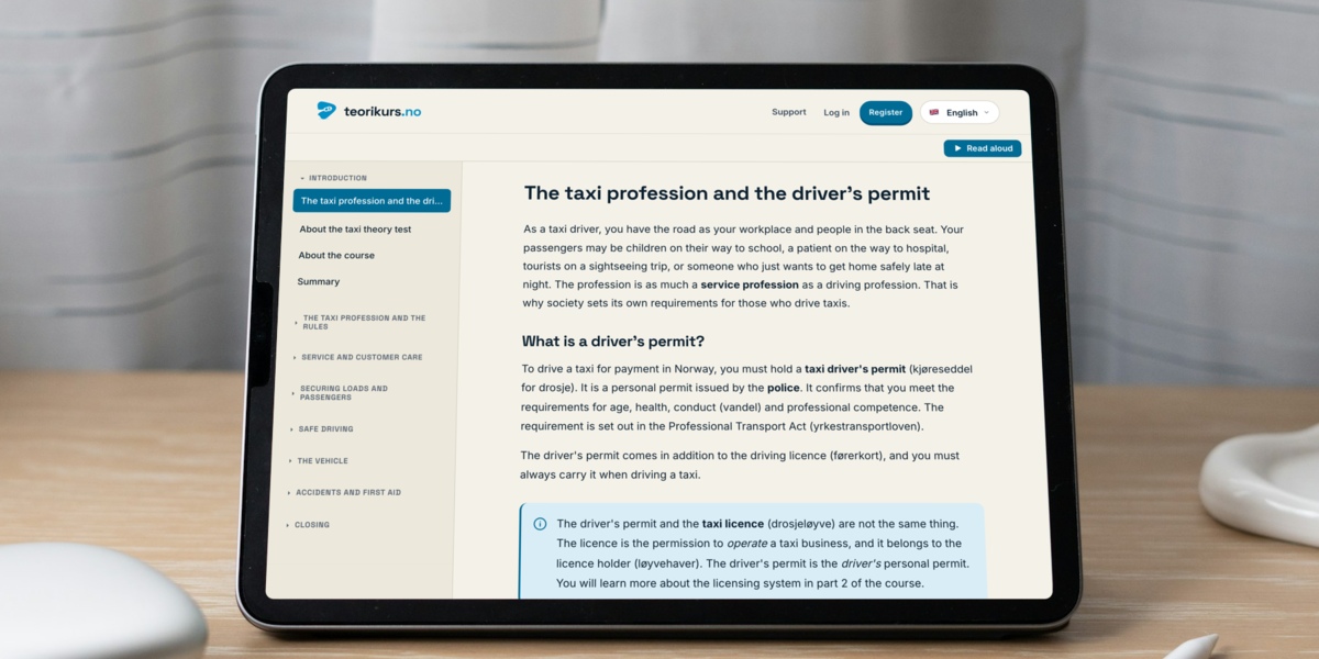 The taxi theory course on a tablet