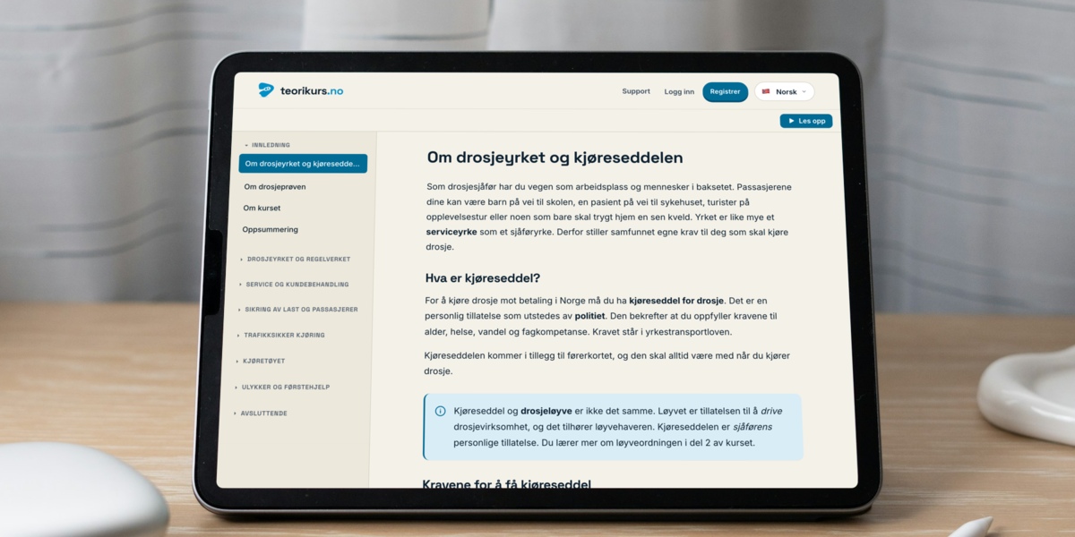 Teorikurset for drosje på et nettbrett